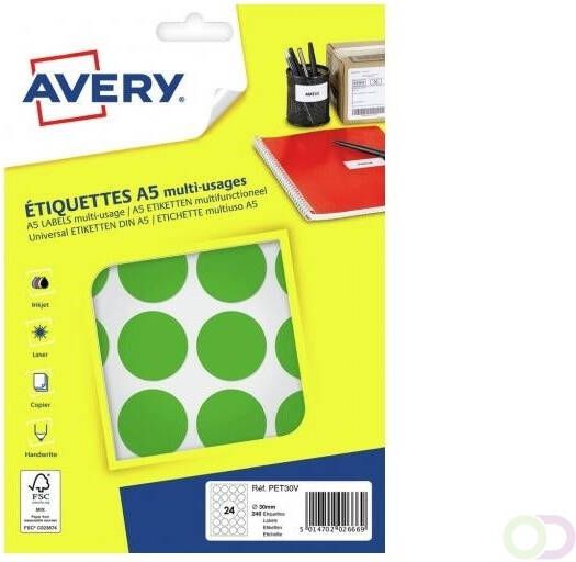 Avery PET30V ronde markeringsetiketten diameter 30 mm blister van 240 stuks groen